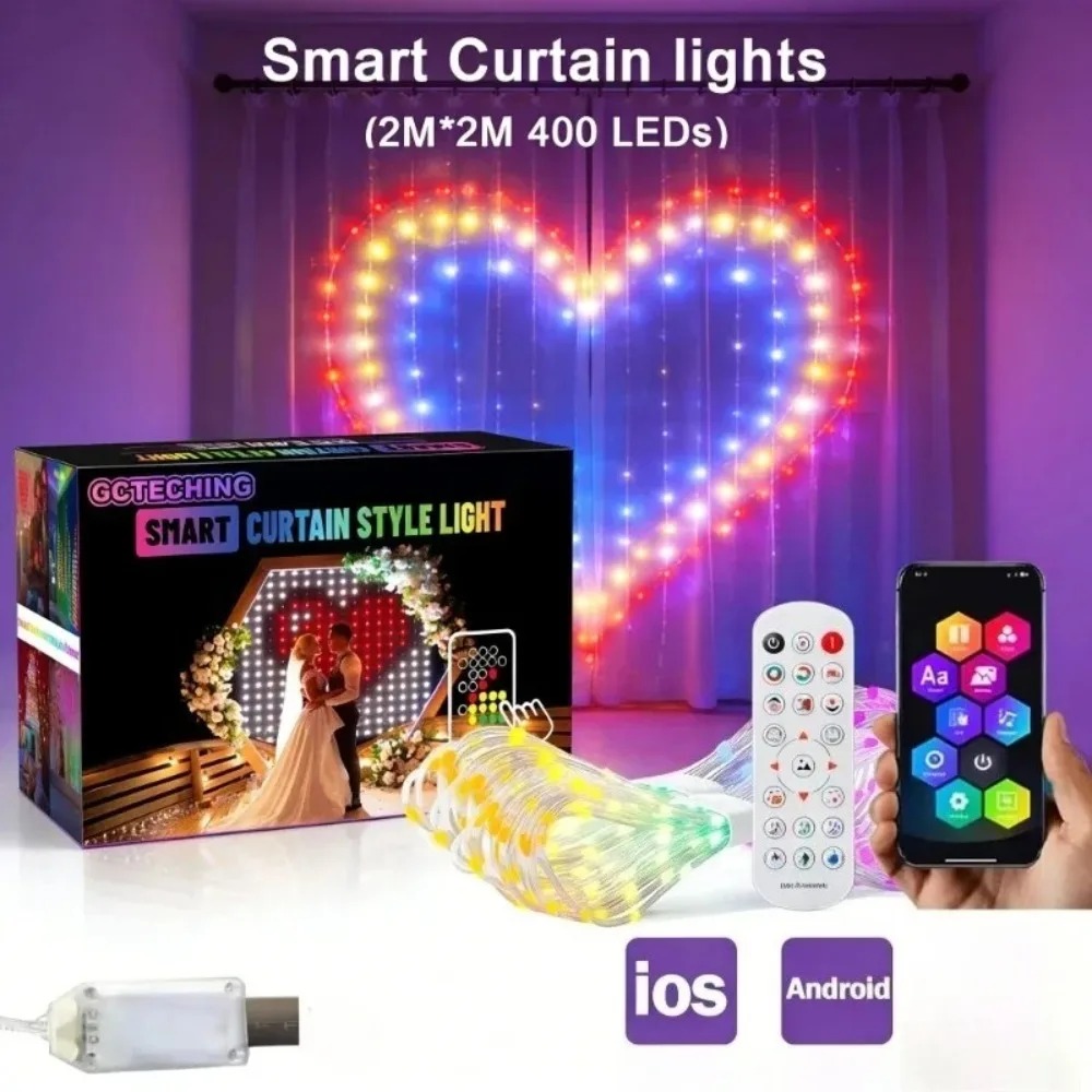 Garden Lighting Decor - ไฟม่าน LED พิกเซลสำหรับภายนอกอาคาร ควบคุมผ่านแอปบลูทูธ ไฟ RGB