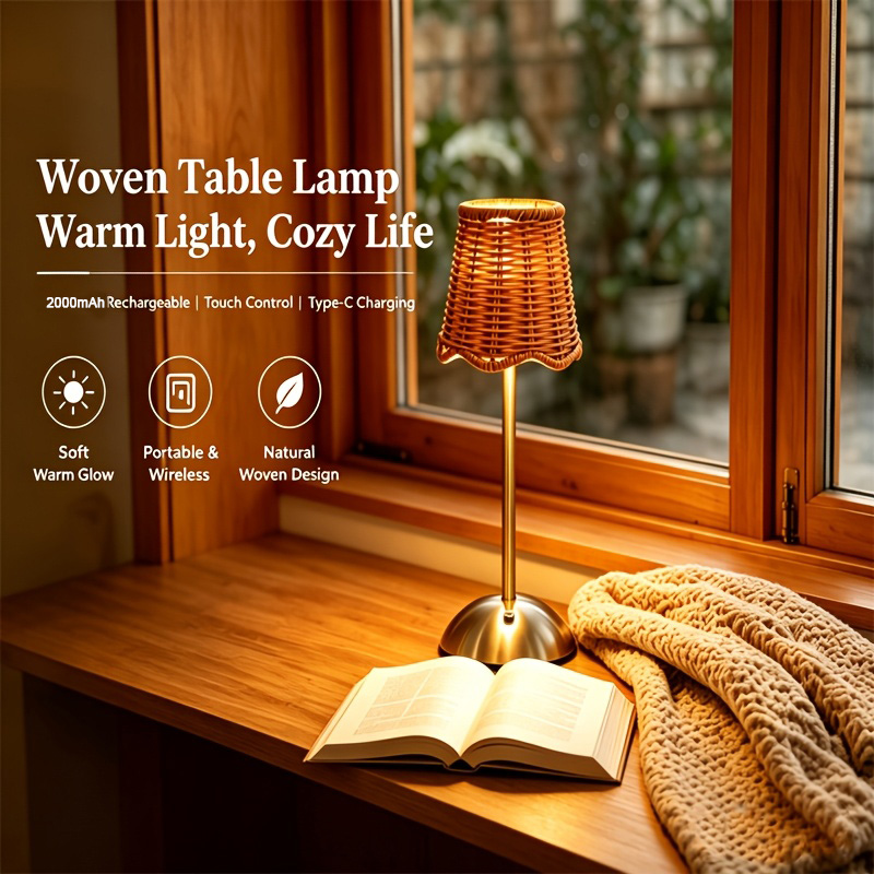 Lighting Decor Home - โคมไฟตั้งโต๊ะสไตล์โบฮีเมียนทำจากหวายถัก ปรับแสงได้ 3 ระดับ ควบคุมด้วยระบบสัมผัส ใช้พอร์ต
