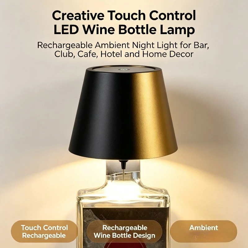 Restaurant Lighting Decoration - โคมไฟตั้งโต๊ะรูปขวดไวน์ LED ควบคุมด้วยระบบสัมผัส ชาร์จไฟได้ ดีไซน์สร้างสรรค์ ใช้เป็นของตกแต่งสร้างบรรยากาศในบาร์