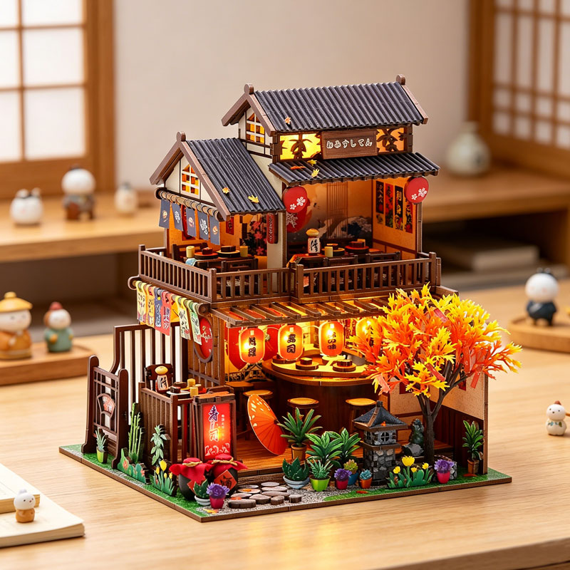 Restaurant Lighting Decoration - ชุดประกอบบ้านตุ๊กตาจิ๋วร้านอาหารซูชิอิซากายะสไตล์ญี่ปุ่น พร้อมไฟ LED ตัวต่อไม้ 3 มิติ