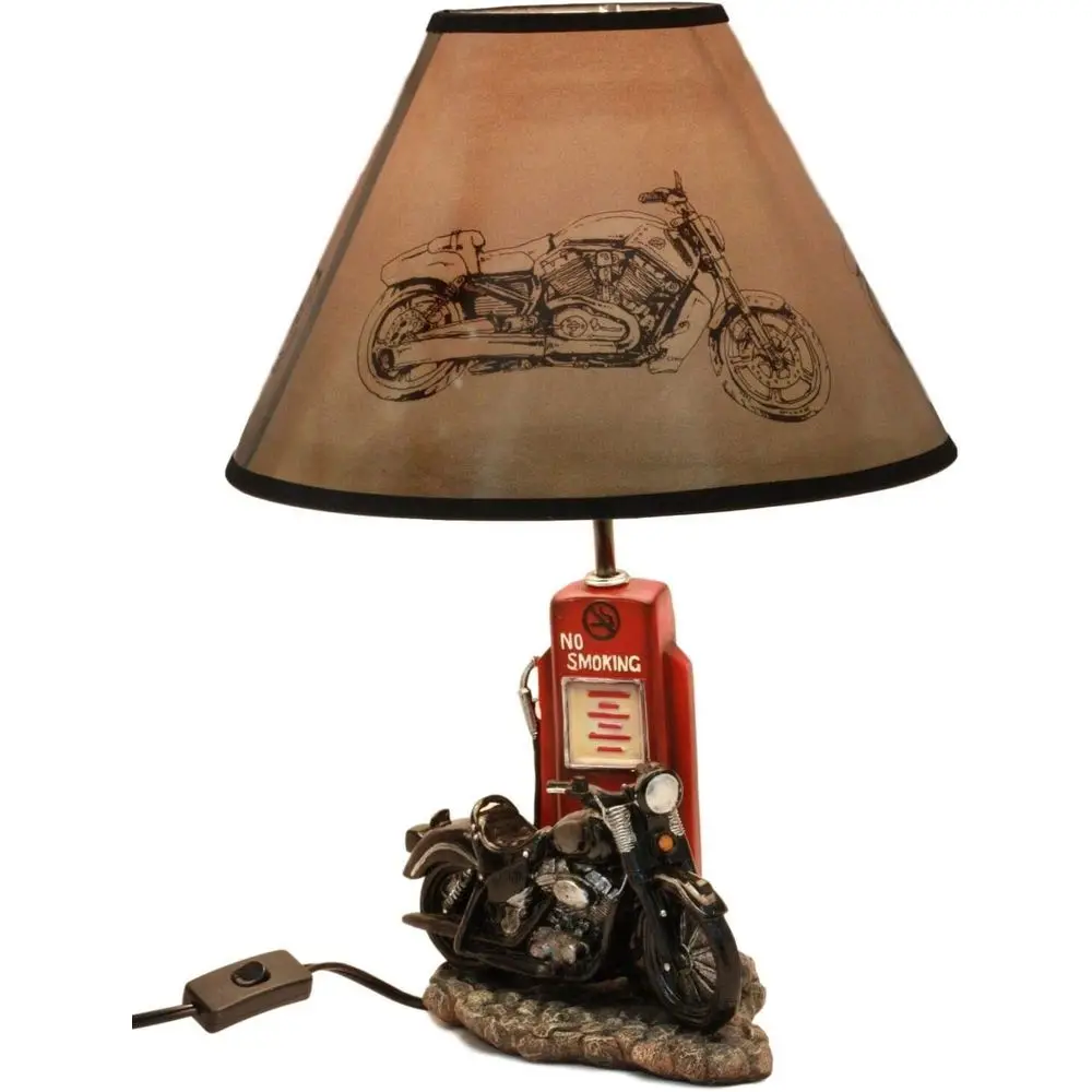 Lighting Decor Home - โคมไฟตั้งโต๊ะรูปปั๊มน้ำมันรถมอเตอร์ไซค์สีดำสไตล์วินเทจเรโทร พร้อมโคมไฟ ขนาดสูง 19 นิ้ว ตกแต่งบ้านธีม